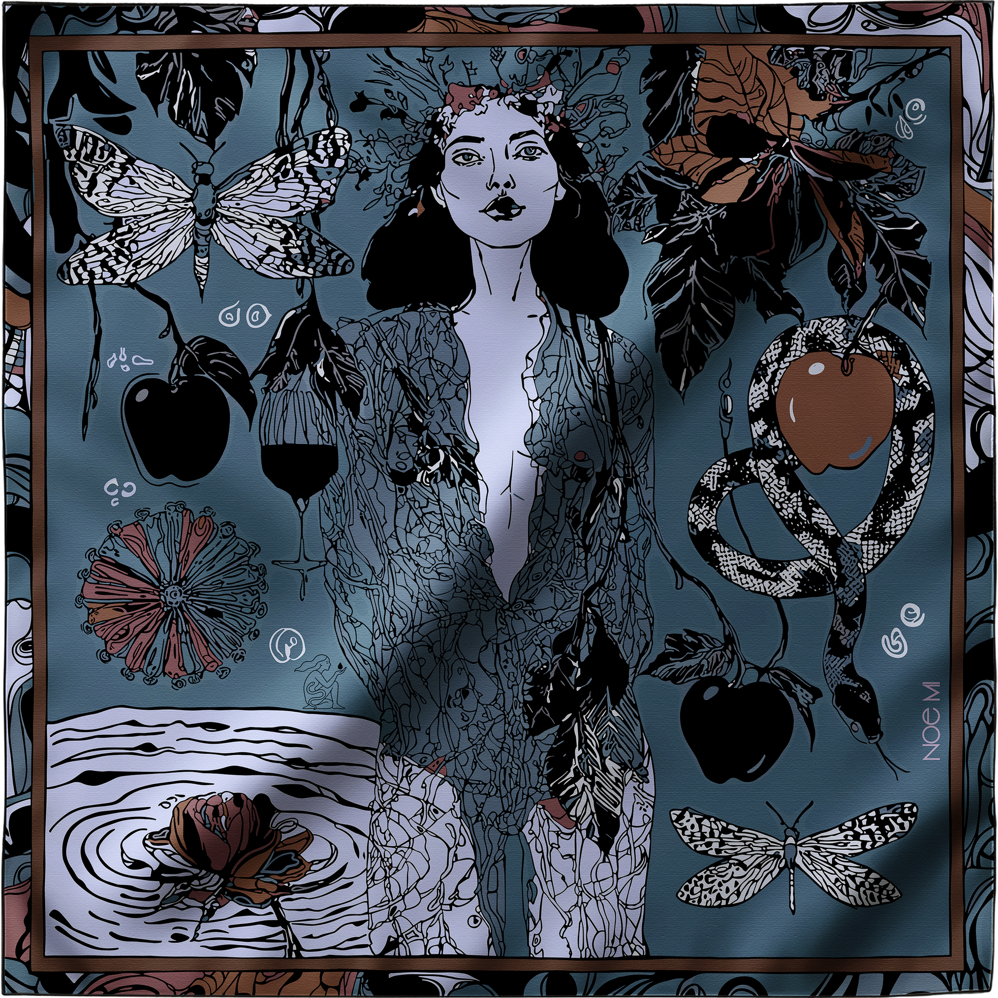 NOE MI's "Dark Temptation" scarf laid out flat, showcasing symbolic imagery in deep blues and earthy reds, with mystical undertones and rich details.