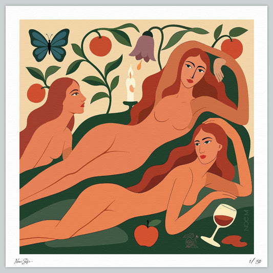 A Limited Edition NOE MI wall art print of three nude figures in a garden setting with apples, a butterfly, and a wine glass.