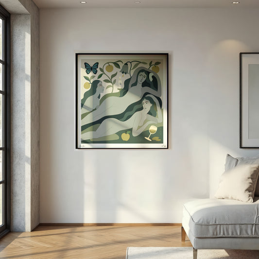 Framed  Limited Edition NOE MI wall art print of two women in a natural setting on a wall in a modern living room.