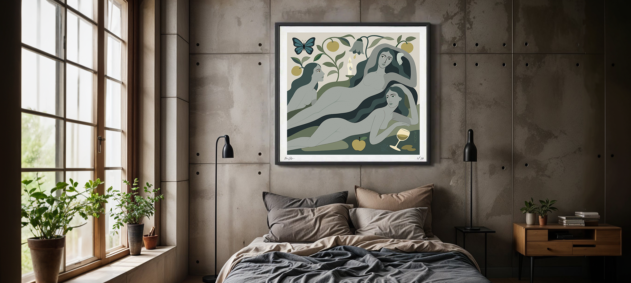 Bedroom with a large window, bed, and NOE MI wall art PRINT featuring a woman and butterfly.
