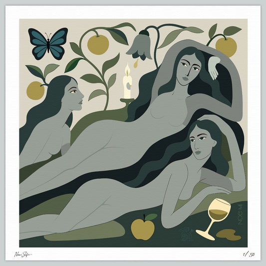  Limited Edition NOE MI wall art print depiction of three nude figures in a garden setting with apples and a butterfly.
