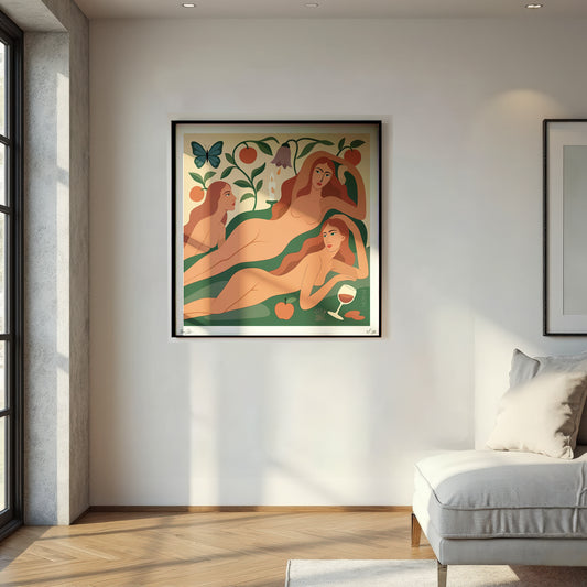 Framed  Limited Edition NOE MI wall art print of two nude figures with a butterfly and fruit on a wall in a modern living room.