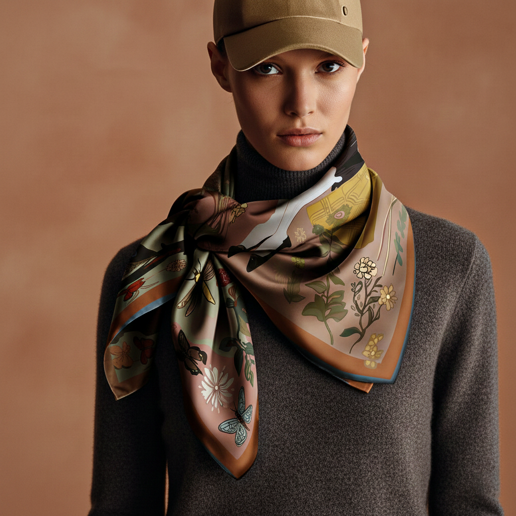 Surreal silk scarf with vintage-style women characters and whimsical butterflies, printed in rich colors on luxurious silk fabric. Design by NOE MI