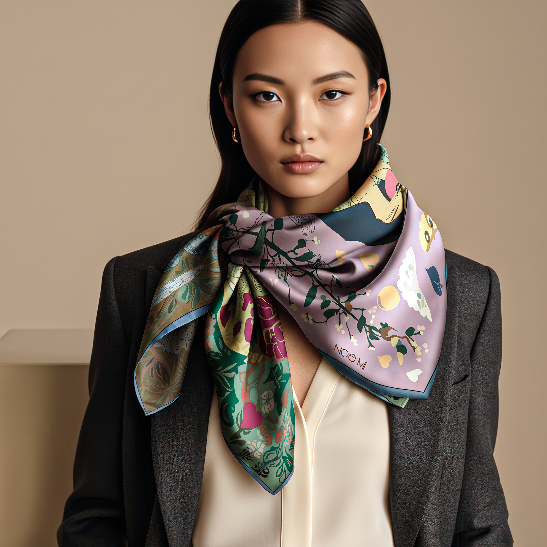 NOE MI silk scarf titled The Owl Knows, a square luxury accessory featuring a poetic woman, a wise owl, and rich floral symbolism, designed for stylish, art-loving individuals who seek depth, emotion, and fashion in one piece.