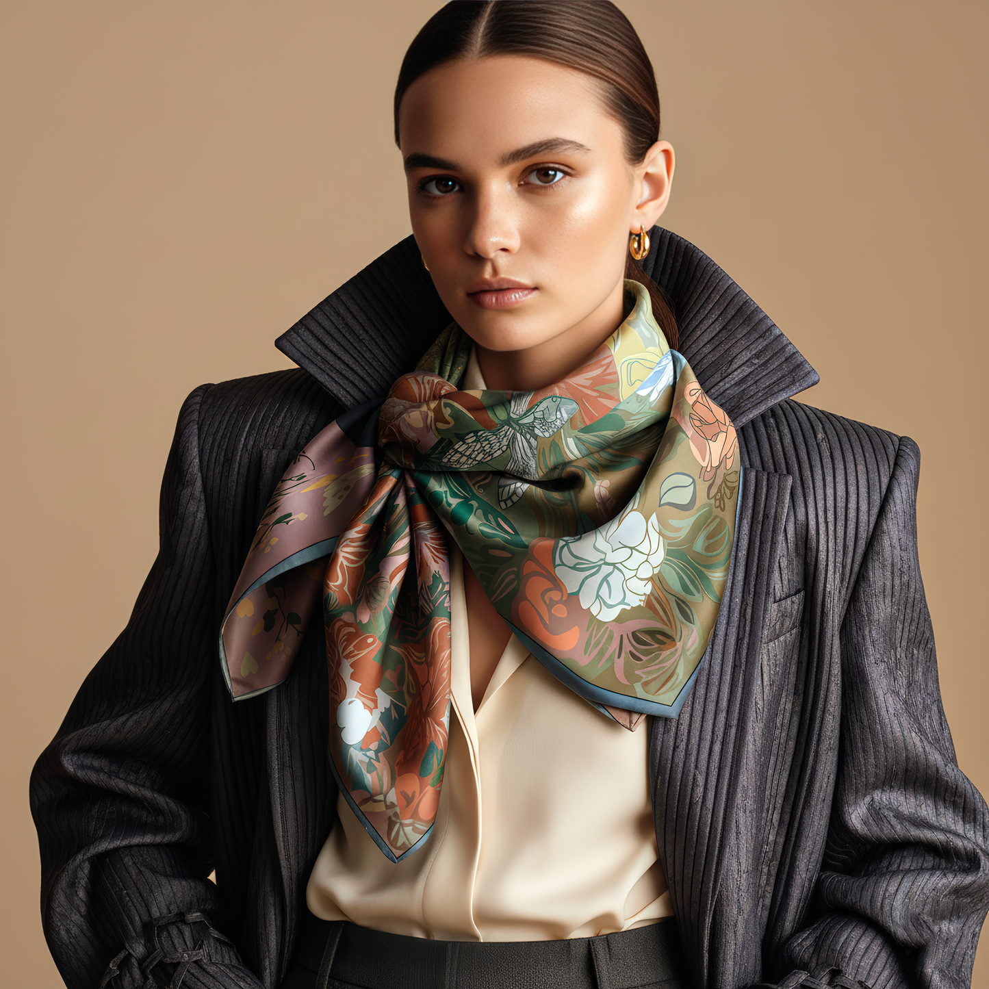 A  NOE MI silk scarf The Owl Knows, capturing the depth of color and symbolic figures, perfect for high-end fashion styling or framing