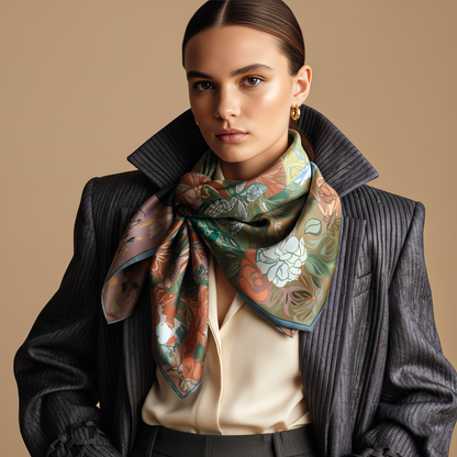 A  NOE MI silk scarf The Owl Knows, capturing the depth of color and symbolic figures, perfect for high-end fashion styling or framing