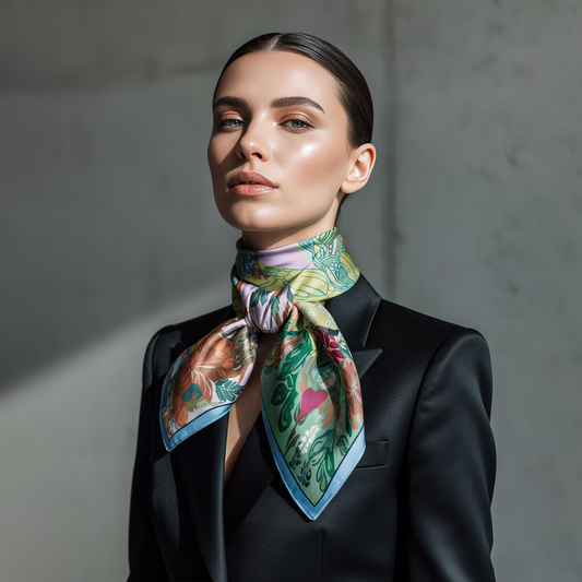 The Owl Knows silk scarf by NOE MI, a luxurious square accessory telling a surreal feminine story through art, fabric, and symbolism