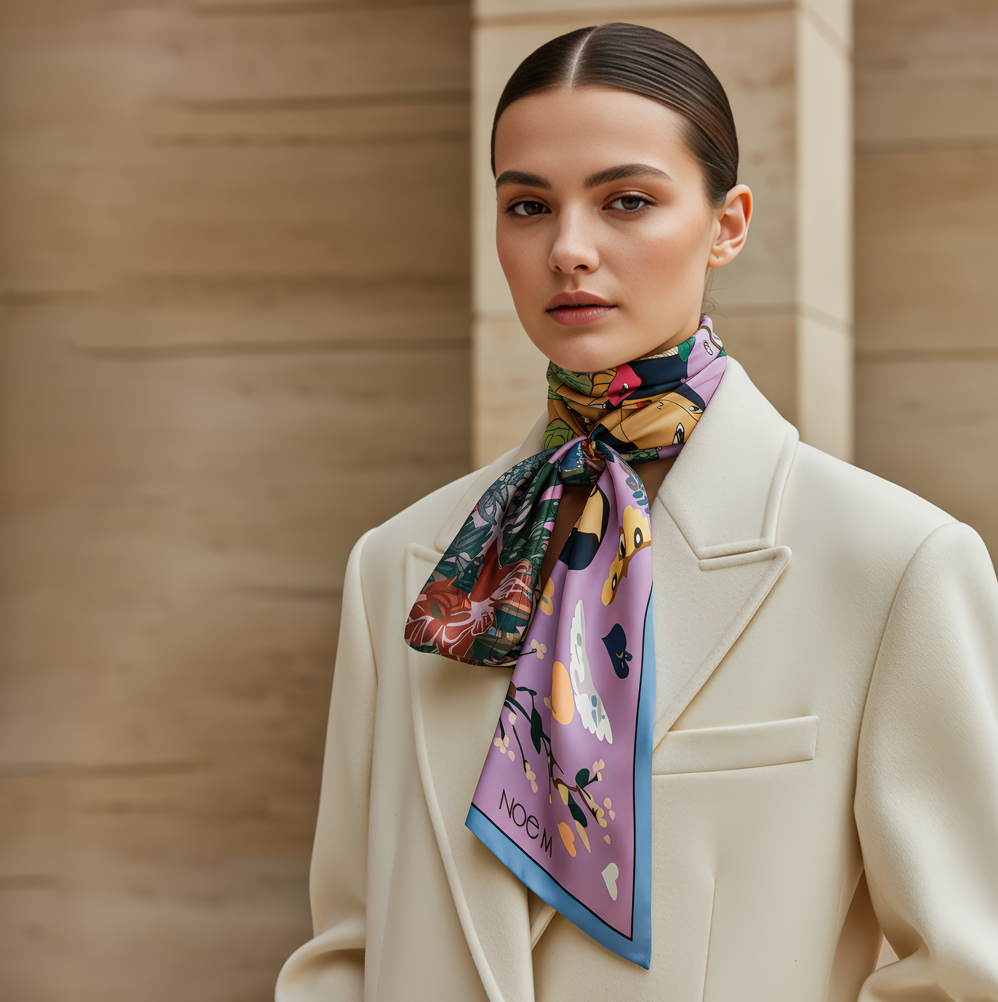 Designer silk scarf by NOE MI featuring surreal motifs like dragonflies, hearts, moths, and a powerful feminine muse seated in nature