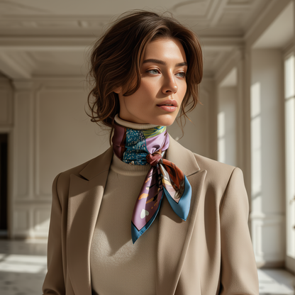 Artistic fashion accessory from NOE MI , 'The Owl Knows' silk scarf with detailed illustrations of an owl, apple, and lush symbolic garden