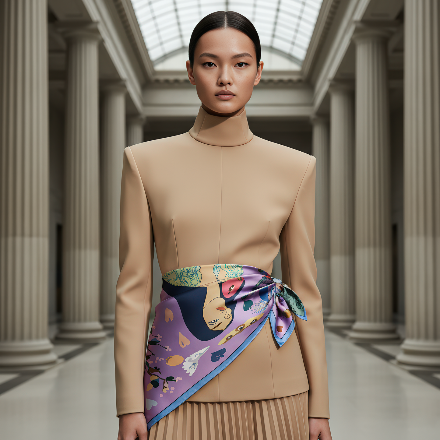 NOE MI’s 'The Owl Knows' silk scarf, showcasing its soft sheen, storytelling composition, and emotionally rich palette