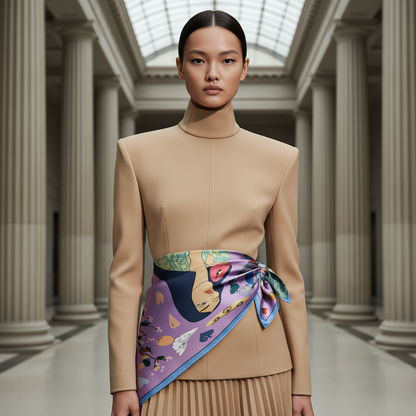 NOE MI’s 'The Owl Knows' silk scarf, showcasing its soft sheen, storytelling composition, and emotionally rich palette