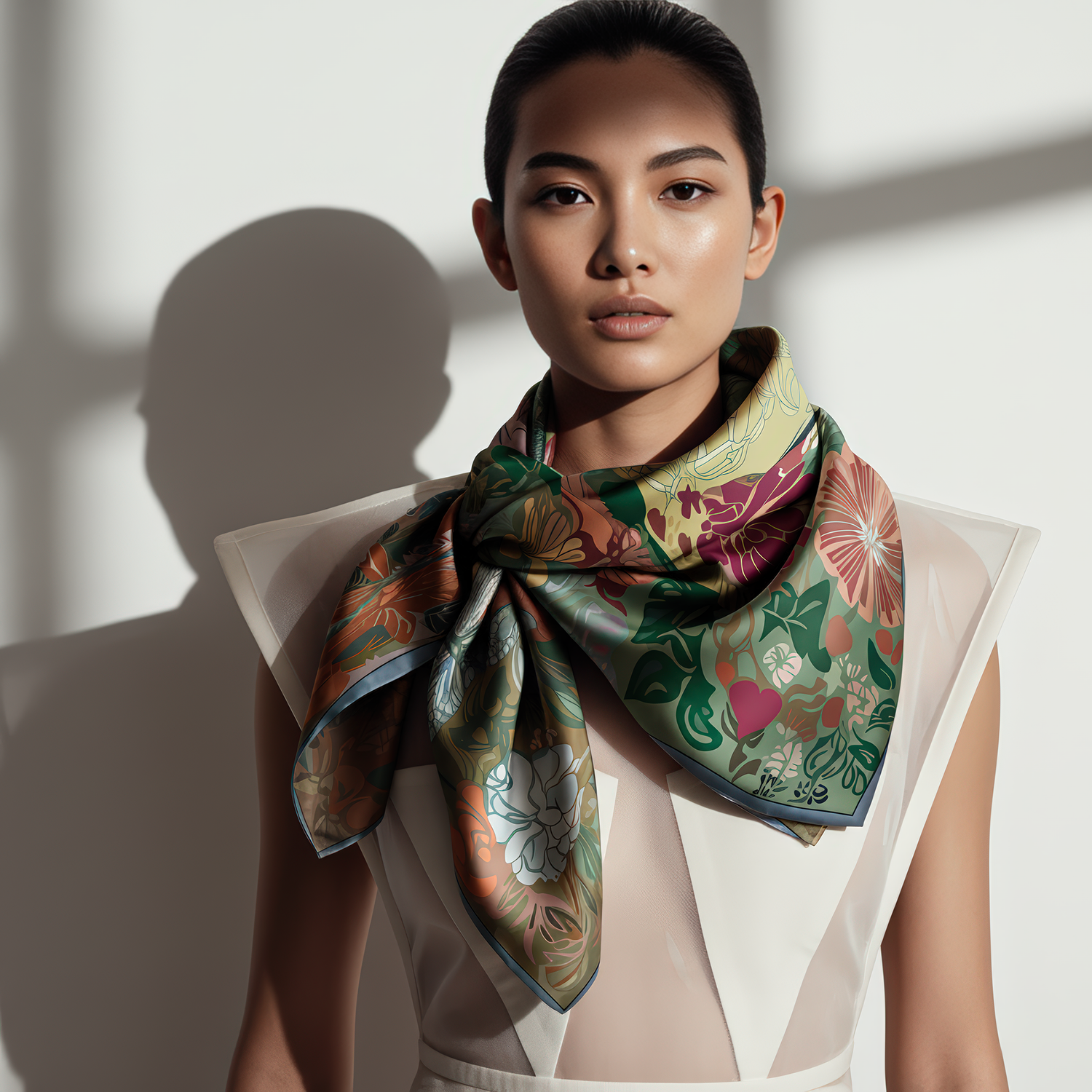 Elegant NOE MI scarf in 100% silk , titled The Owl Knows, ideal for fashion-forward collectors and lovers of symbolic wearable art