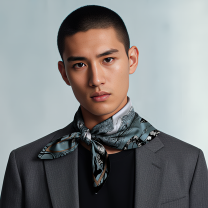 High-end artistic silk scarf in jewel tones, designed for women who love wearable art with deep narrative and emotional symbolism.