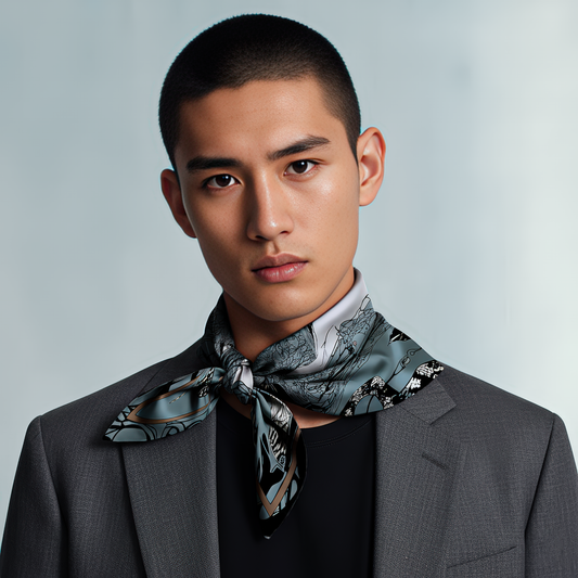 High-end artistic silk scarf in jewel tones, designed for men who love wearable art with deep narrative and emotional symbolism.