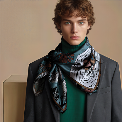 Artistic silk scarf by NOE MI featuring a dark surreal illustration of a woman surrounded by snakes, apples, and dreamlike elements, printed on luxurious 100% silk satin.