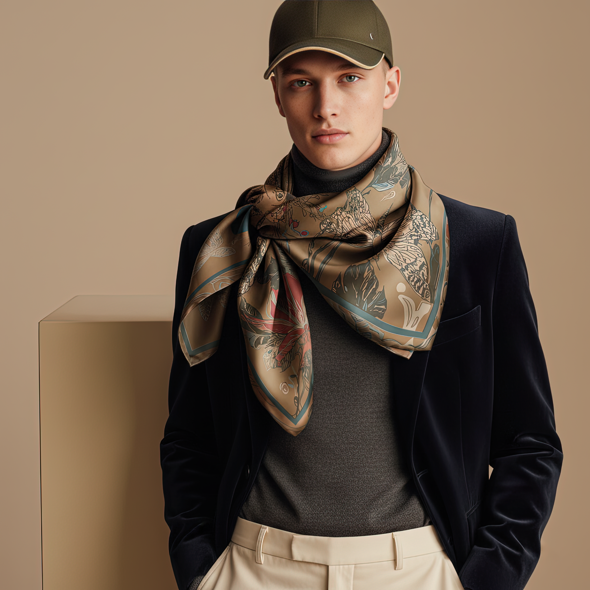Men’s designer scarf in silk or chiffon with moody, artistic visuals, crafted for modern style with symbolic narrative