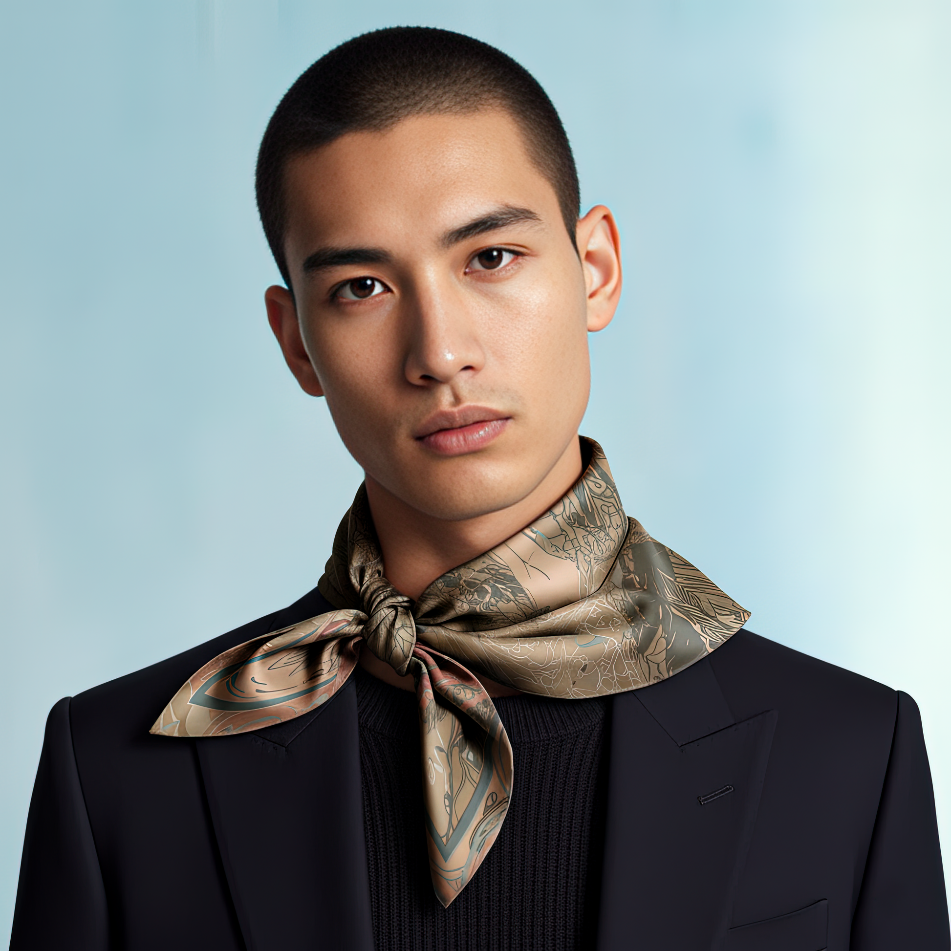 Luxury men’s accessory silk scarf designed with a dark poetic visual language, featuring elements of mysticism and strength