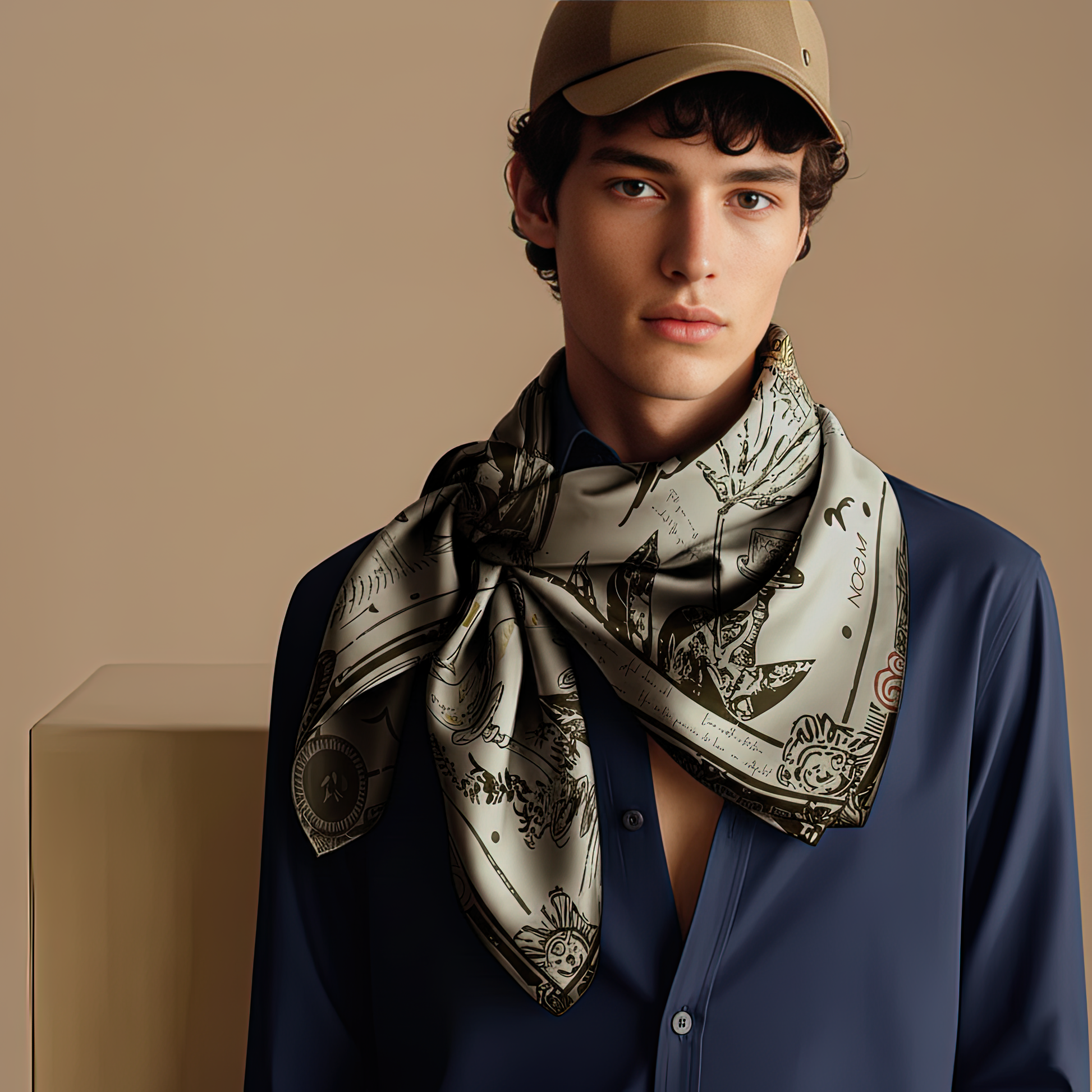 Black Alchemy men's silk scarf by NOE MI, featuring an intricate, surreal design in rich black and gold tones, printed on high-quality silk twill or lightweight chiffon, perfect for bold and artistic styling.