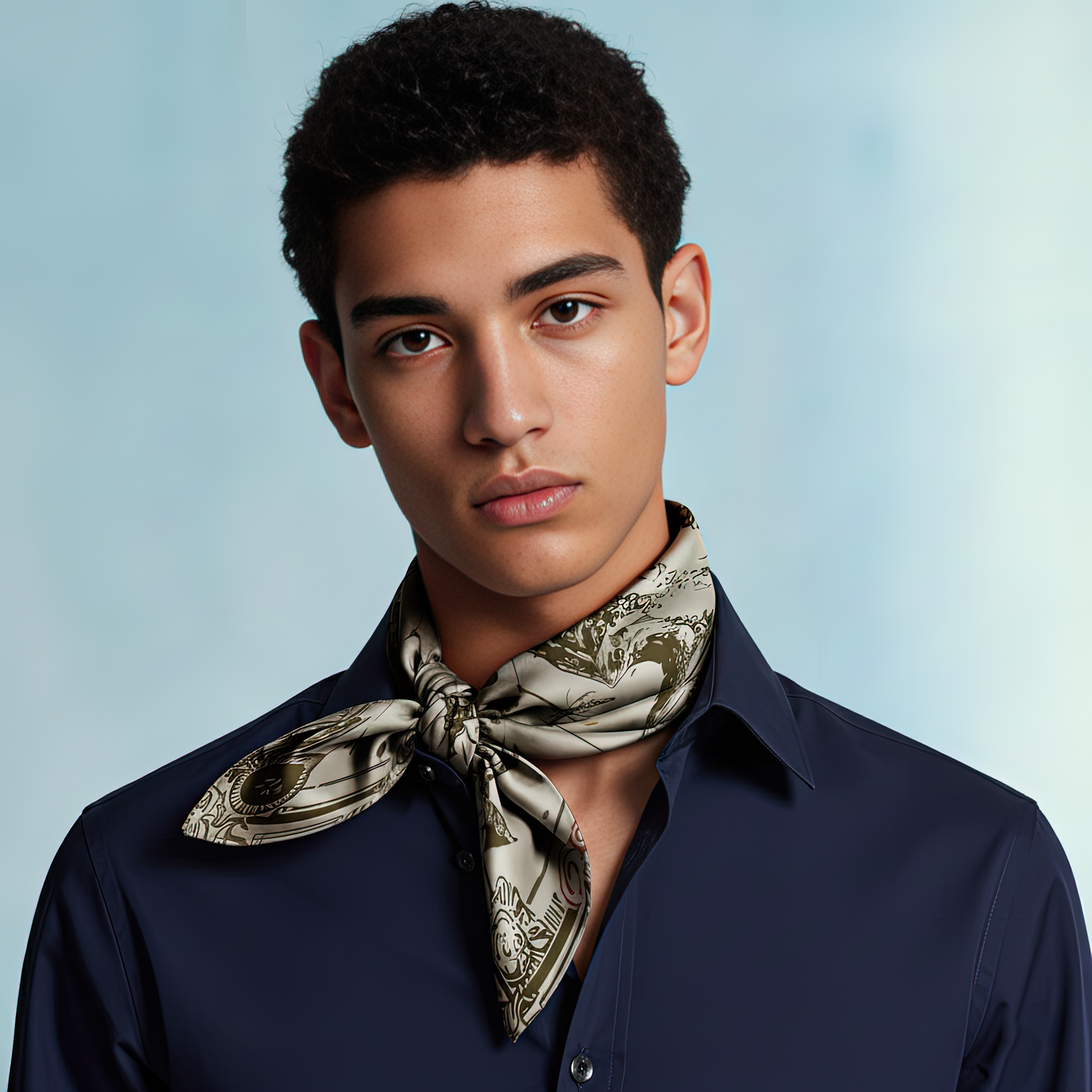 A luxury men’s scarf from NOE MI titled Black Alchemy, showcasing mystical symbols, alchemical elements, and moody contrasts on soft silk, ideal for men with a strong sense of identity and style.