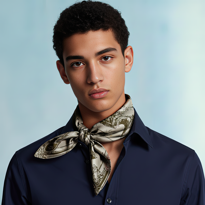 A luxury men’s scarf from NOE MI titled Black Alchemy, showcasing mystical symbols, alchemical elements, and moody contrasts on soft silk, ideal for men with a strong sense of identity and style.