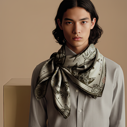 Men’s designer silk scarf with surreal and symbolic artwork by NOE MI, offering a sophisticated, artistic statement for fashion-forward collectors and modern creatives.