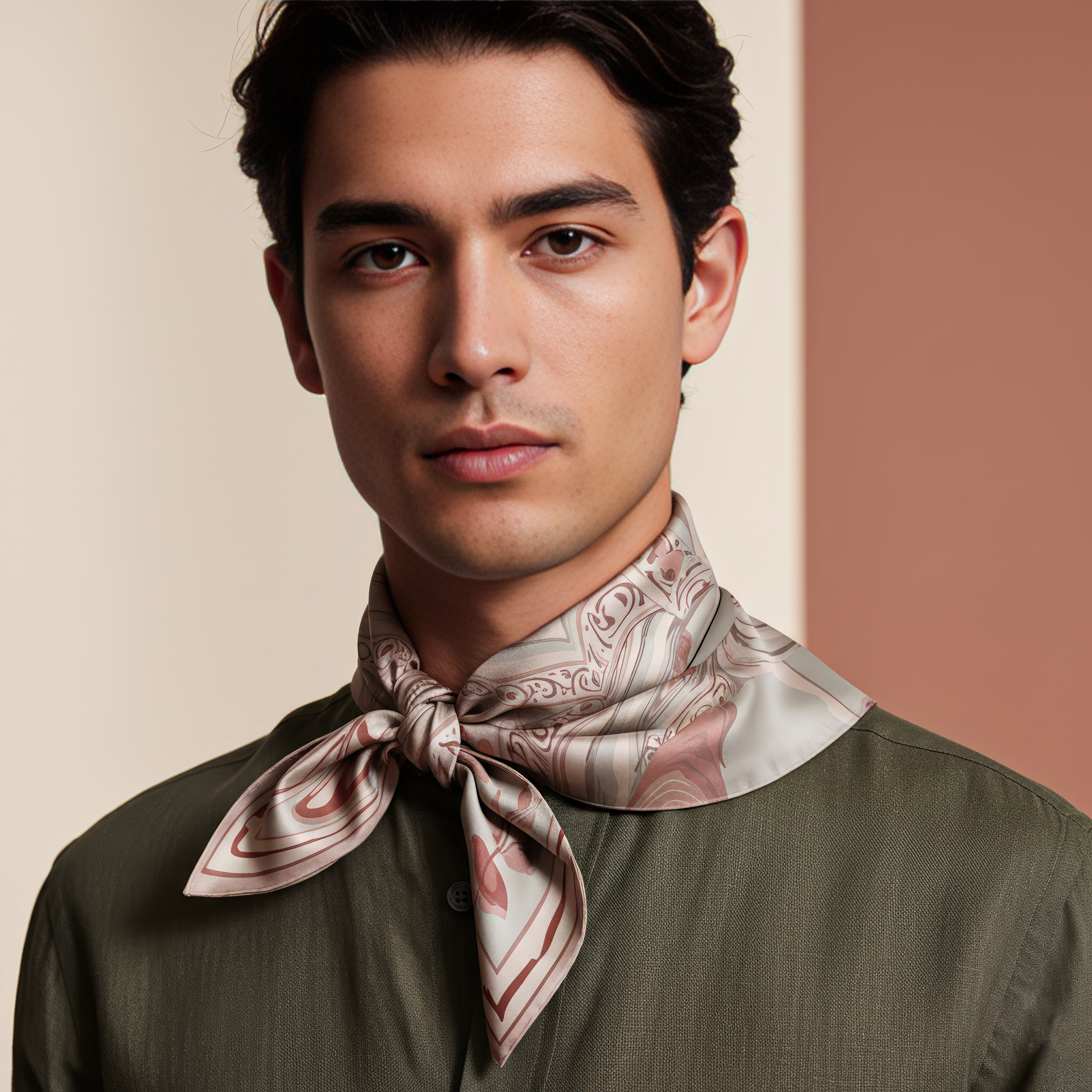 Artistic silk scarf for men, titled Ginger Lace, made from 100% silk in twill or chiffon textures, offering an expressive yet minimalist design for creative and fashion-conscious men.