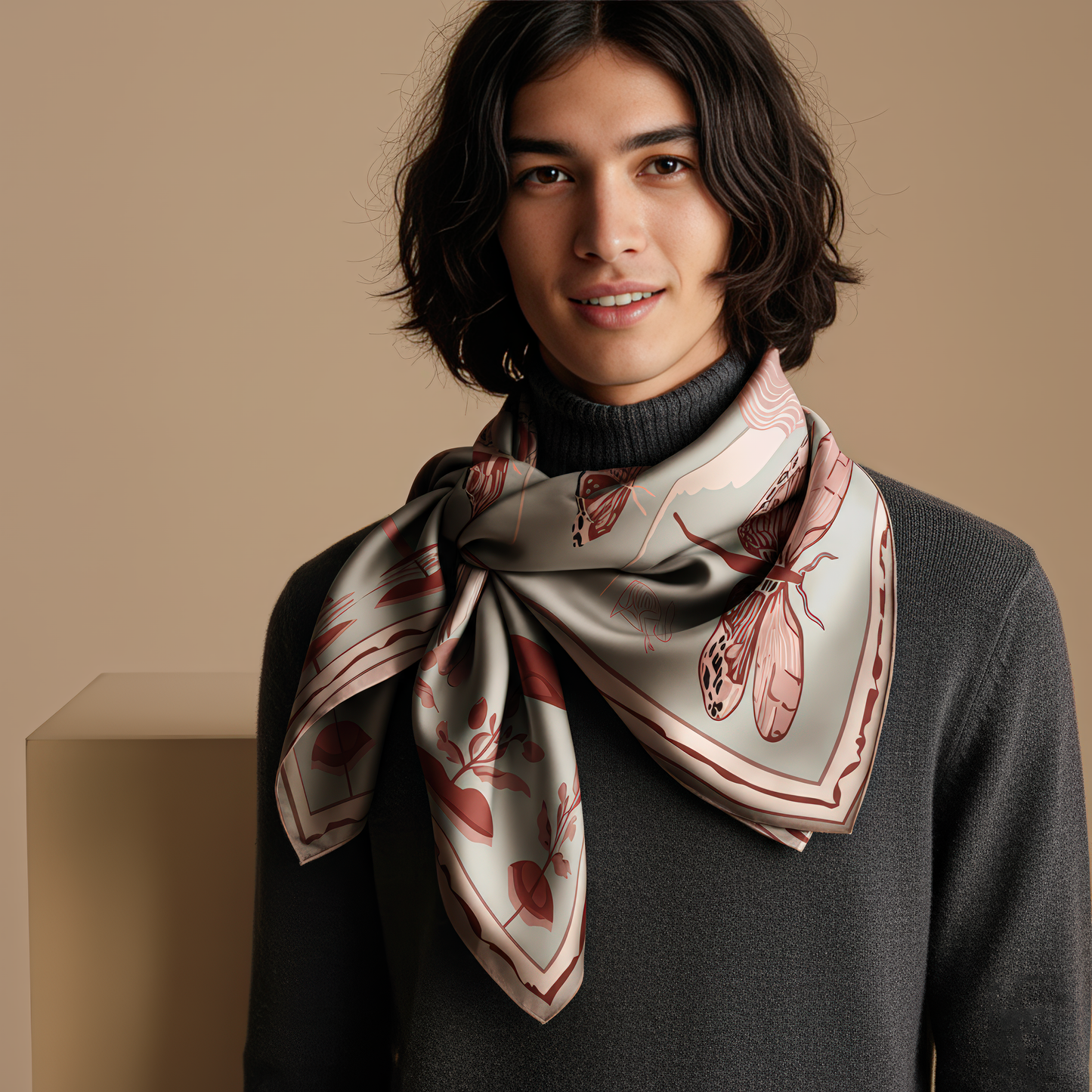 Luxury men’s scarf in silk, designed by NOE MI, combining a soft lace-inspired motif with earthy hues for a unique blend of masculinity, refinement, and wearable art.