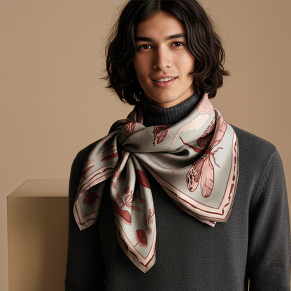 Luxury men’s scarf in silk, designed by NOE MI, combining a soft lace-inspired motif with earthy hues for a unique blend of masculinity, refinement, and wearable art.