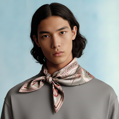 NOE MI Ginger Lace men's silk scarf, featuring an artistic and elegant pattern in warm ginger and neutral grey tones, printed on premium silk twill or chiffon, perfect for stylish men who value subtle statement pieces.