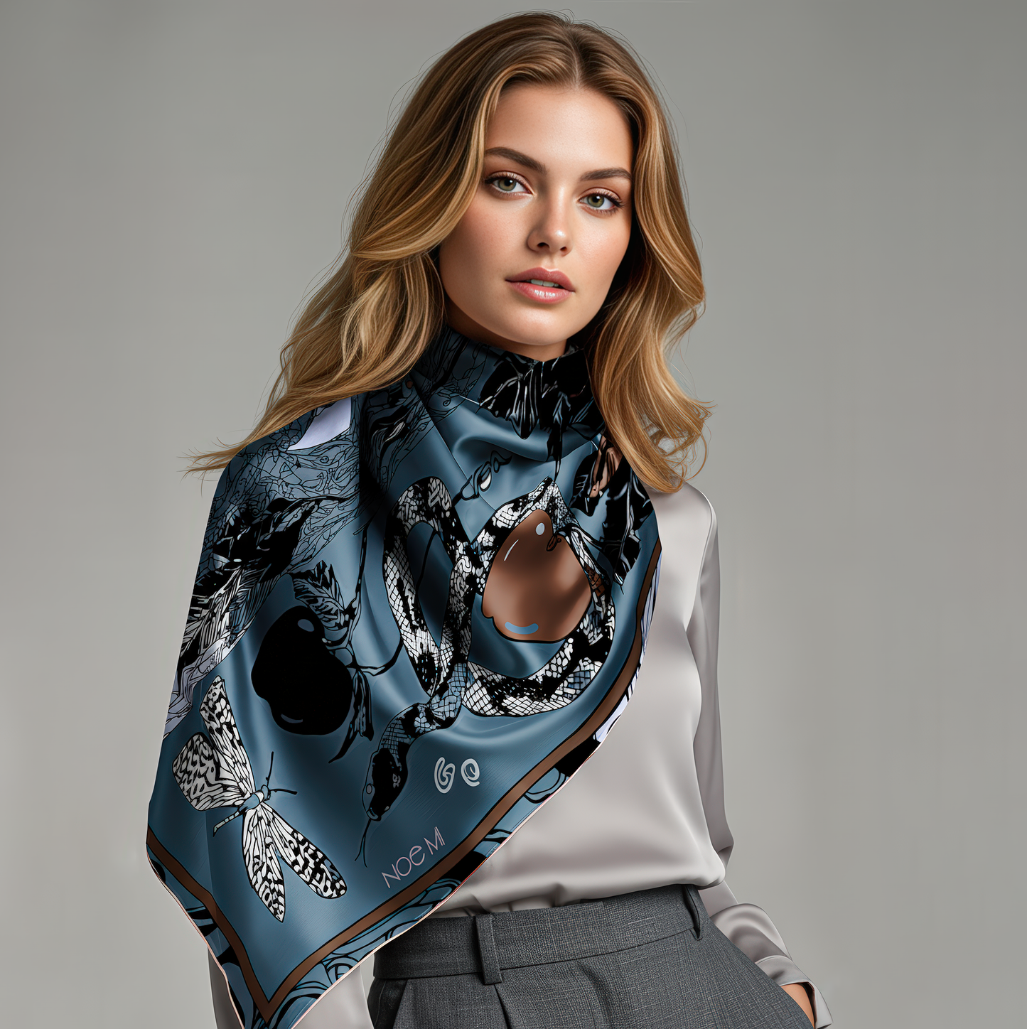 A luxury fashion accessory scarf titled “Dark Temptation” with a mysterious woman and elements like wine, serpent, apple, and water ripple, inspired by myth and desire.