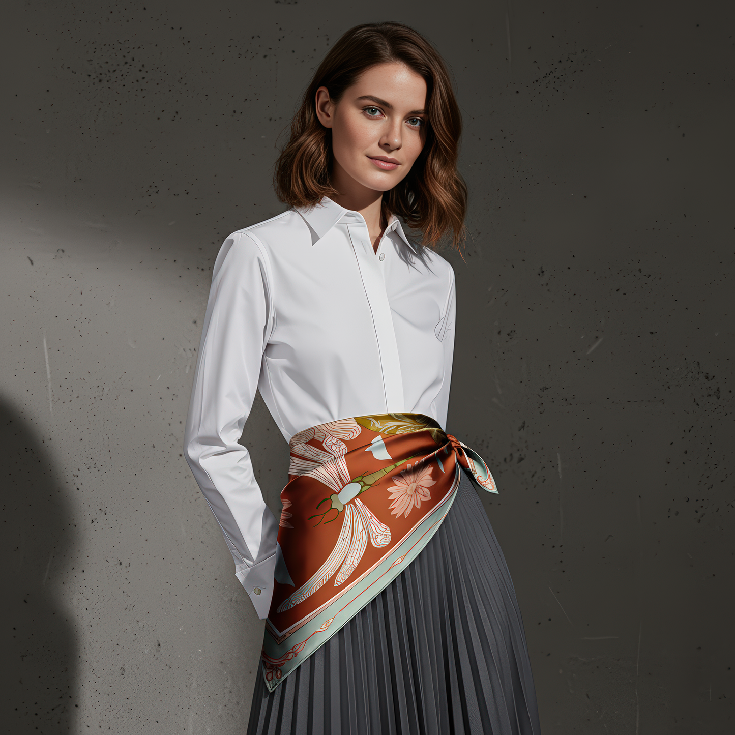 Luxury silk scarf by NOE MI, with Lunar Empress print , hand-finished edges, terracotta and gold palette, global fashion statement piece. Can be wrapped as a fashionable scarf belt