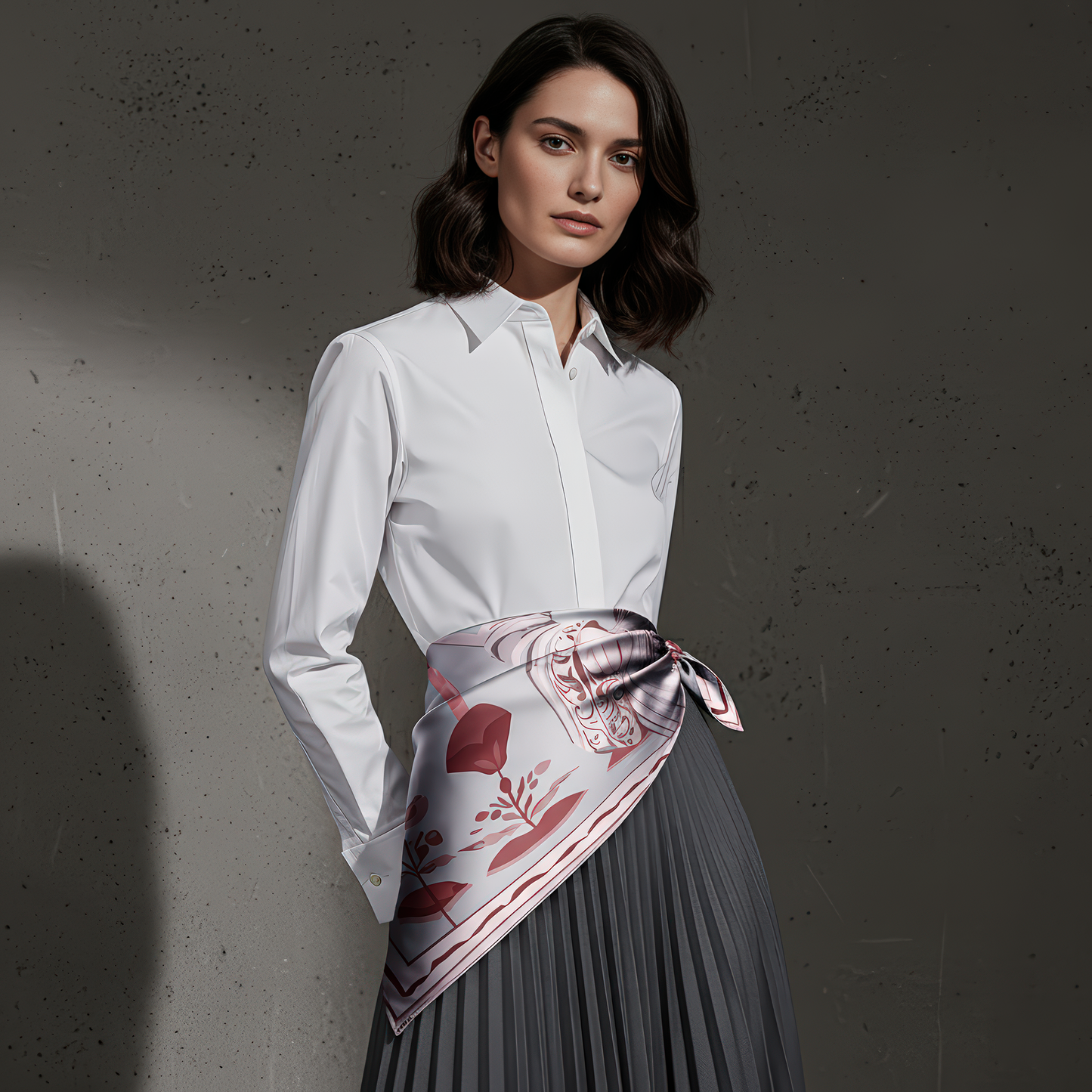 NOE MI designer scarf , crafted in luxurious silk with an abstract and sophisticated pattern inspired by lace and layered symbolism.