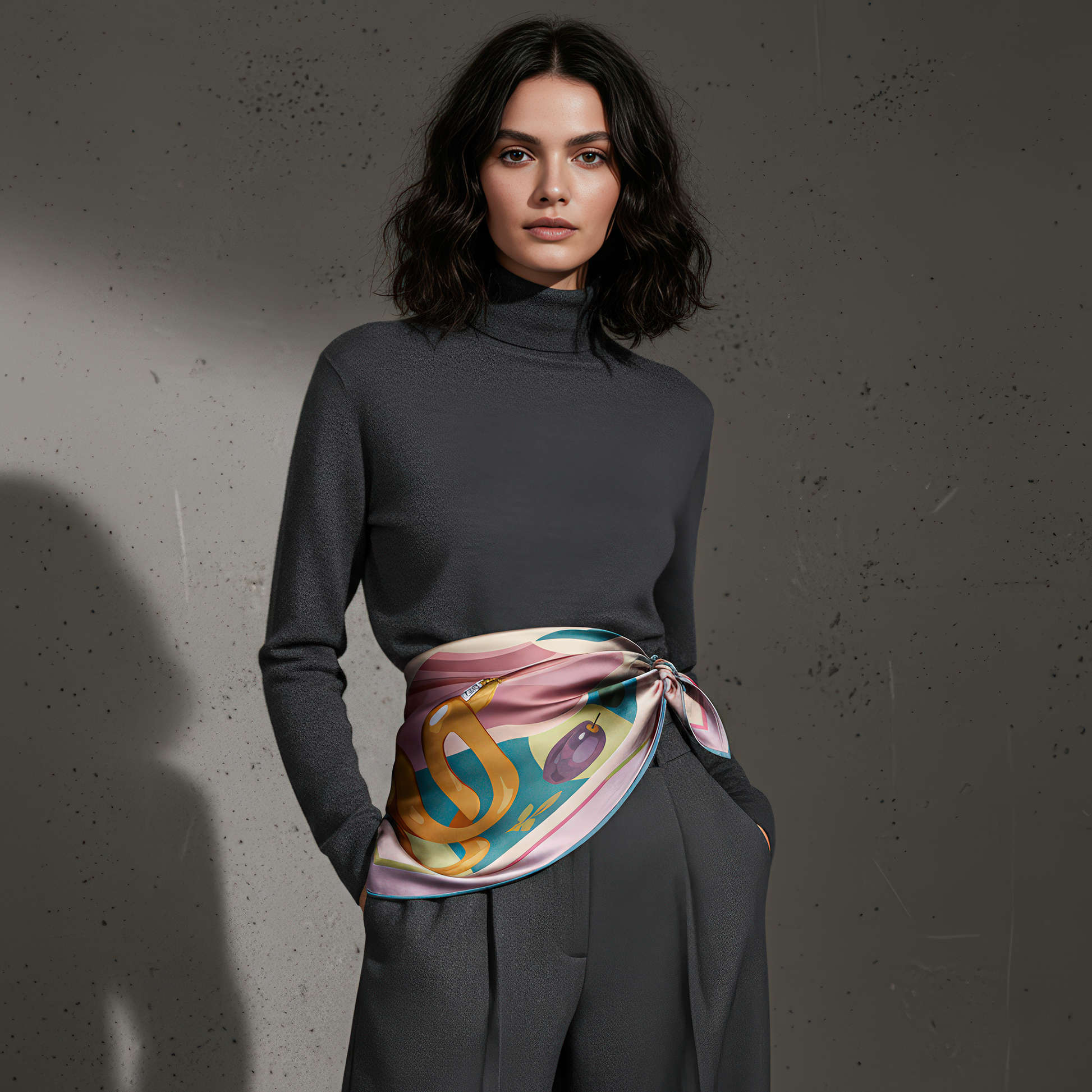 NOE MI designer scarf, Two of a Kind artwork featuring two women, apple, candle, snake, and butterfly, luxury square silk accessory.