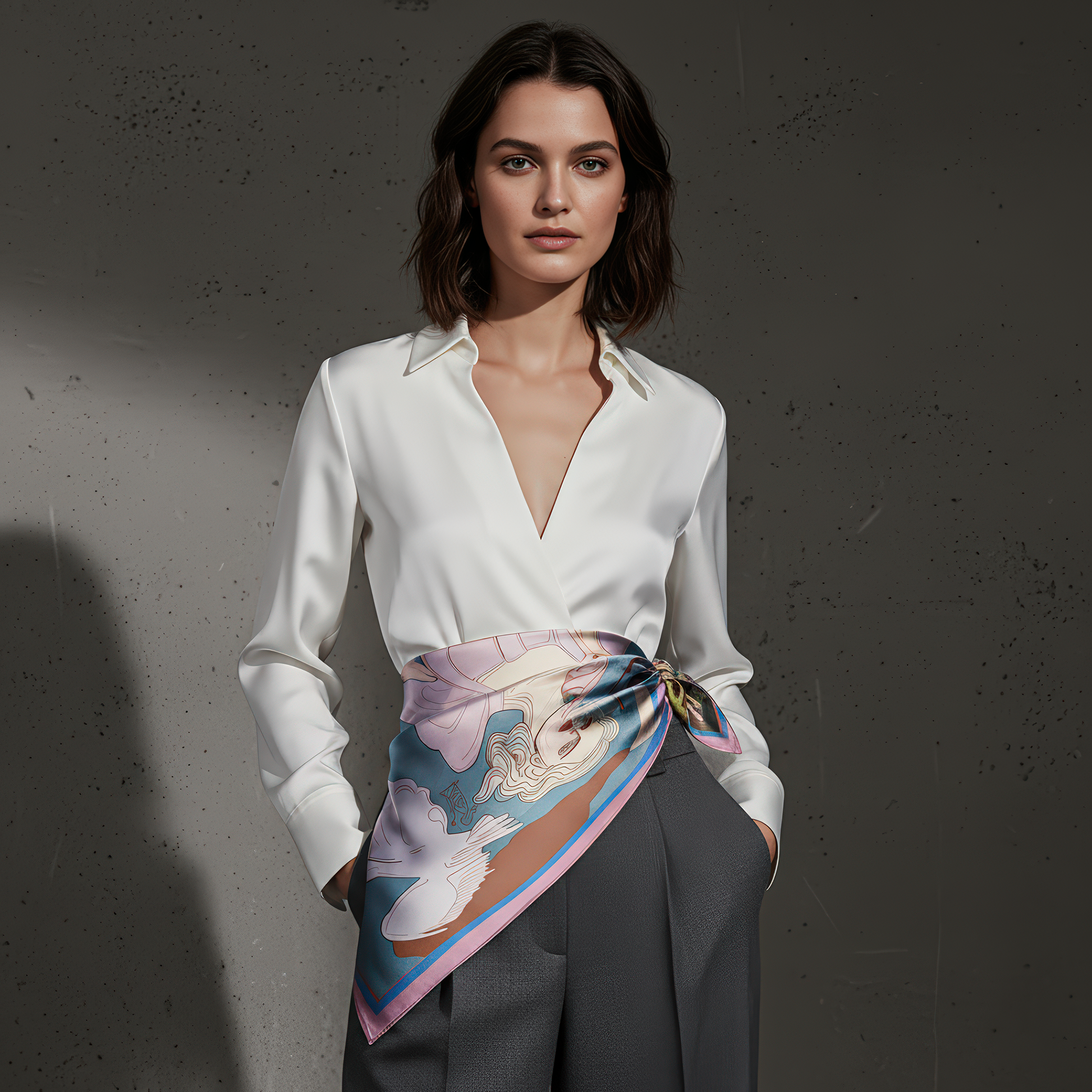 High-quality printed silk scarf, featuring hand-drawn elements such as birds, butterflies, fruits, and two women in emotional stillness, designed by NOE MI.