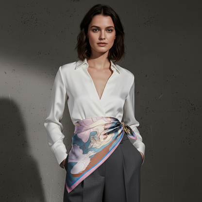 High-quality printed silk scarf, featuring hand-drawn elements such as birds, butterflies, fruits, and two women in emotional stillness, designed by NOE MI.