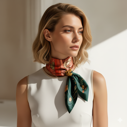 Luxurious NOE MI silk scarf named 'Royal Prophecy', featuring rich mystical patterns and jewel-toned hues, ideal for art lovers and fashion-forward women seeking a statement piece.