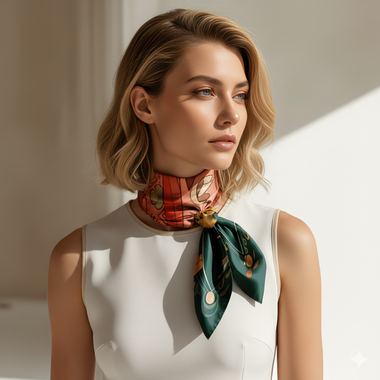 Luxurious NOE MI silk scarf named 'Royal Prophecy', featuring rich mystical patterns and jewel-toned hues, ideal for art lovers and fashion-forward women seeking a statement piece.