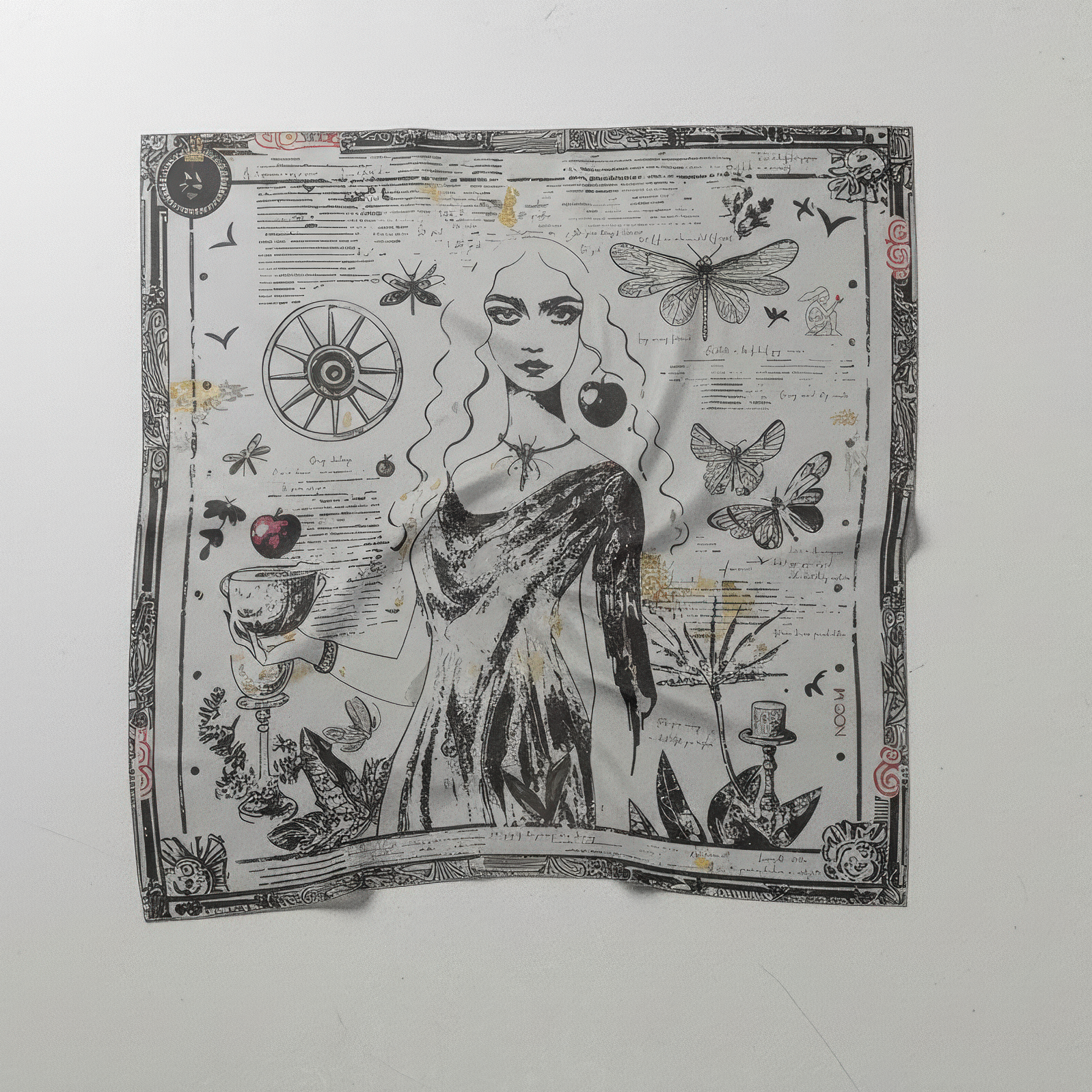 NOE MI Black Alchemy silk twill and chiffon scarf, square wearable art with black and white surreal design, accented by ochre tones and subtle burgundy touches.