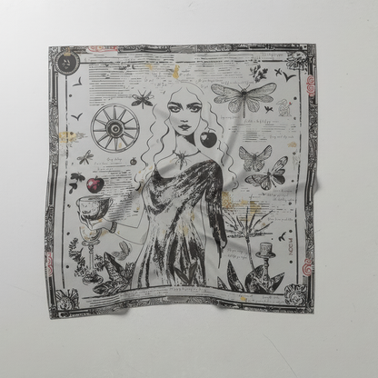 NOE MI Black Alchemy silk twill and chiffon scarf, square wearable art with black and white surreal design, accented by ochre tones and subtle burgundy touches.
