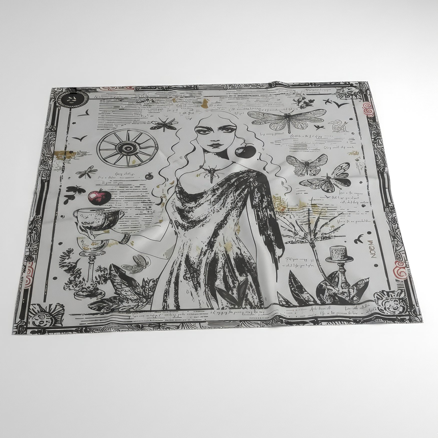 Black Alchemy silk scarf from NOE MI, monochrome wearable art with feminine portrait, apple, butterflies, and symbolic wheel, enriched with ochre and burgundy tones.