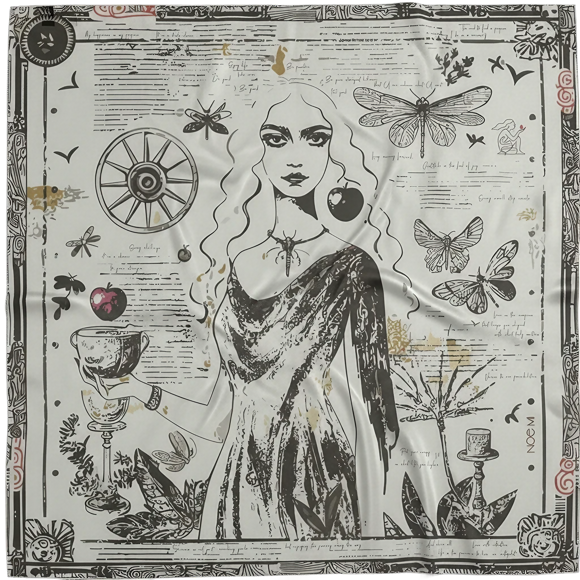 NOE MI Black Alchemy silk scarf, luxury square scarf in black and white with light ochre highlights and minimal burgundy accents, featuring feminine surreal artwork with apple, wheel, and dragonflies.