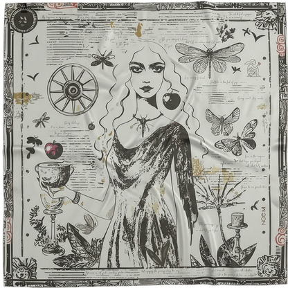 NOE MI Black Alchemy silk scarf, luxury square scarf in black and white with light ochre highlights and minimal burgundy accents, featuring feminine surreal artwork with apple, wheel, and dragonflies.