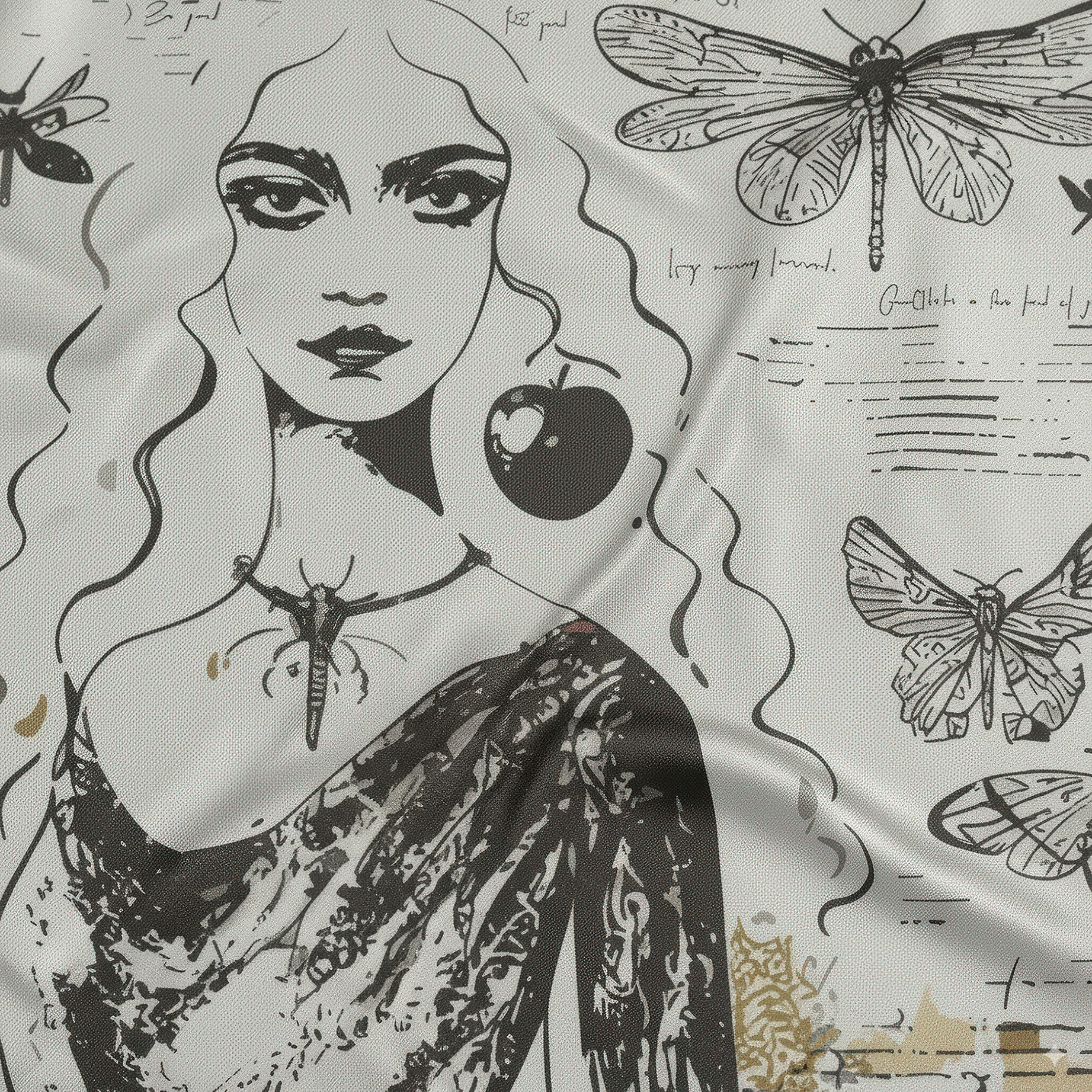 Luxury silk scarf Black Alchemy by NOE MI, featuring detailed feminine illustration with apple, goblet, dragonflies, and minimal ochre and burgundy highlights.