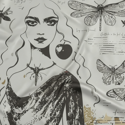 Luxury silk scarf Black Alchemy by NOE MI, featuring detailed feminine illustration with apple, goblet, dragonflies, and minimal ochre and burgundy highlights.
