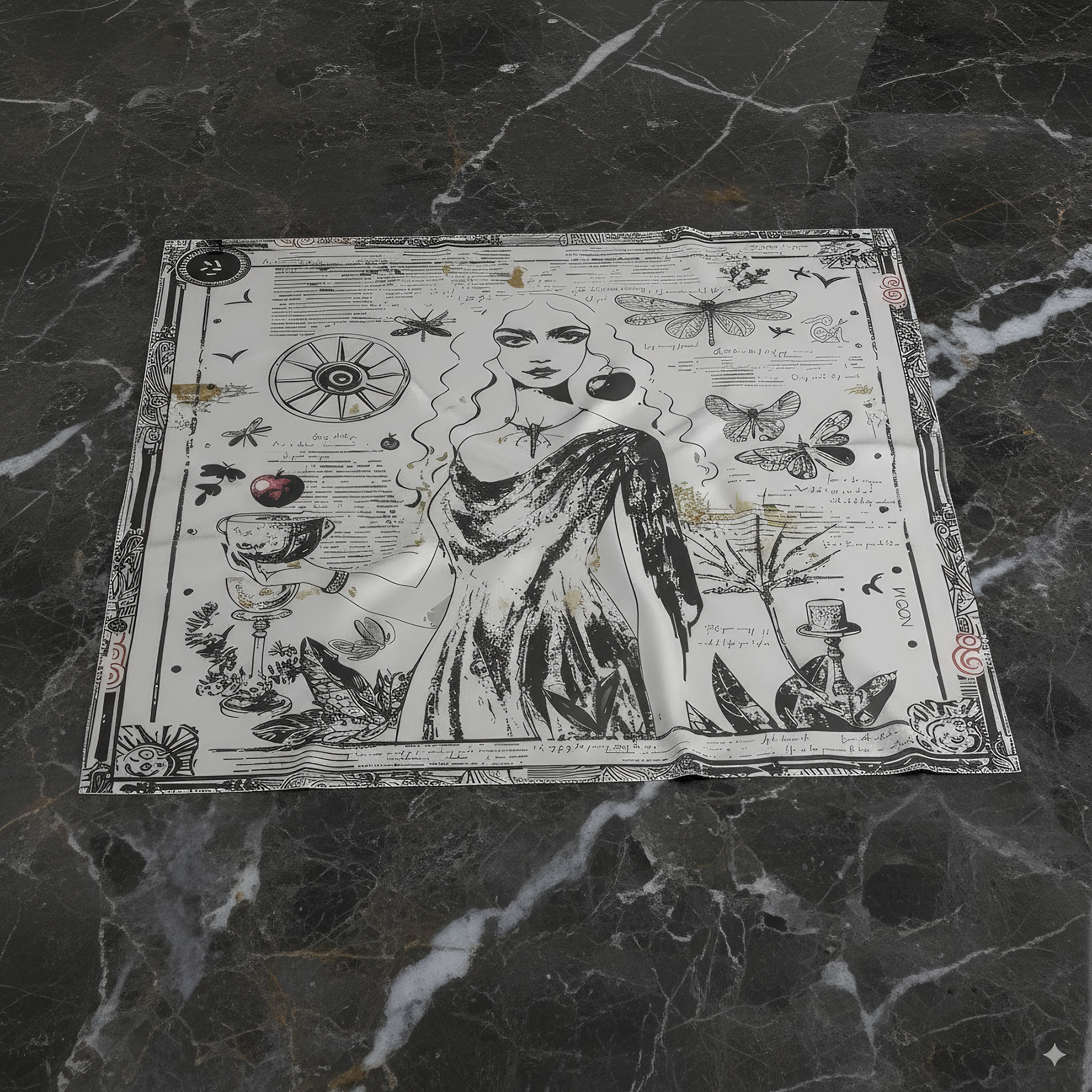 Designer silk scarf by NOE MI, Black Alchemy print in monochrome with ochre and burgundy details, symbolic feminine figure with apple, butterflies, and goblet.