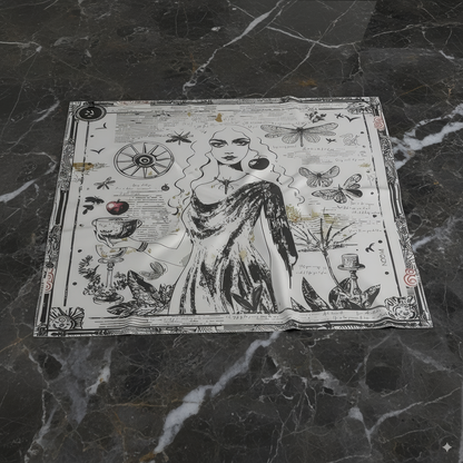 Designer silk scarf by NOE MI, Black Alchemy print in monochrome with ochre and burgundy details, symbolic feminine figure with apple, butterflies, and goblet.