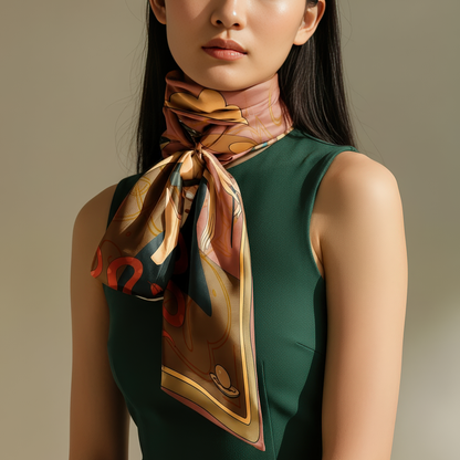 NOE MI Apple Affair silk scarf, luxury square scarf in blush pink and gold tones, featuring three feminine figures with apple, butterfly, bird, and snake motifs.