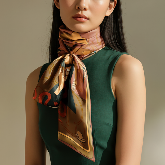 NOE MI Apple Affair silk scarf, luxury square scarf in blush pink and gold tones, featuring three feminine figures with apple, butterfly, bird, and snake motifs.
