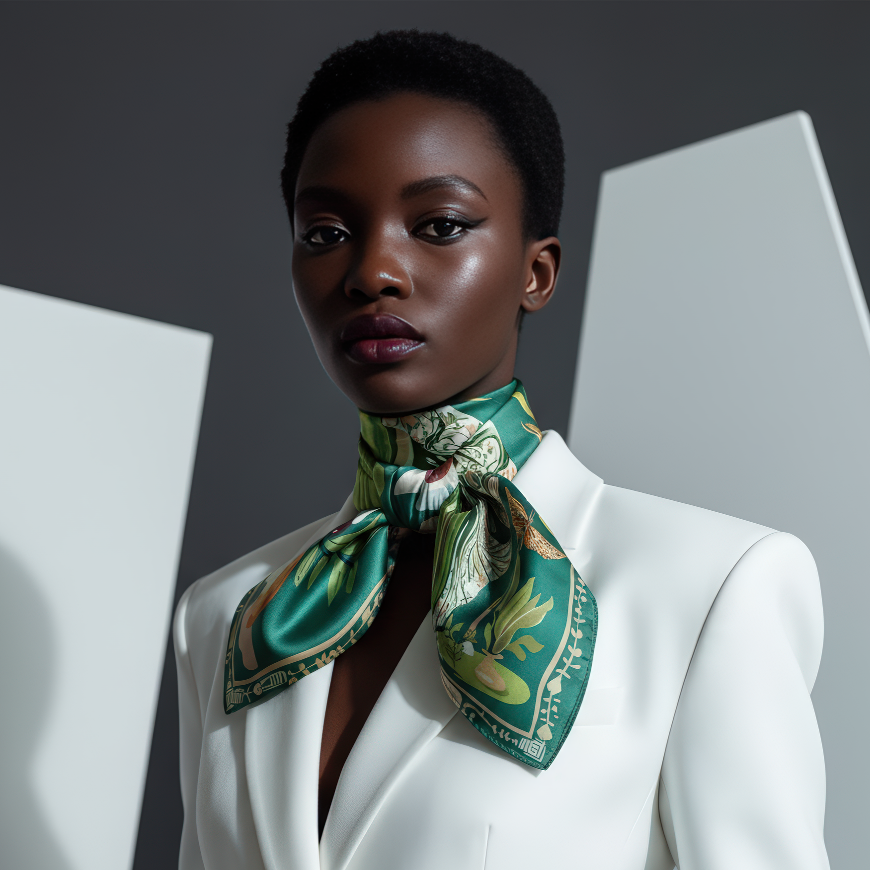 NOE MI Gown Stories luxury silk twill scarf in green, ivory, and terracotta, featuring figurative woman artwork with dragonflies, apple, and symbolic motifs, designer accessory for women worldwide.