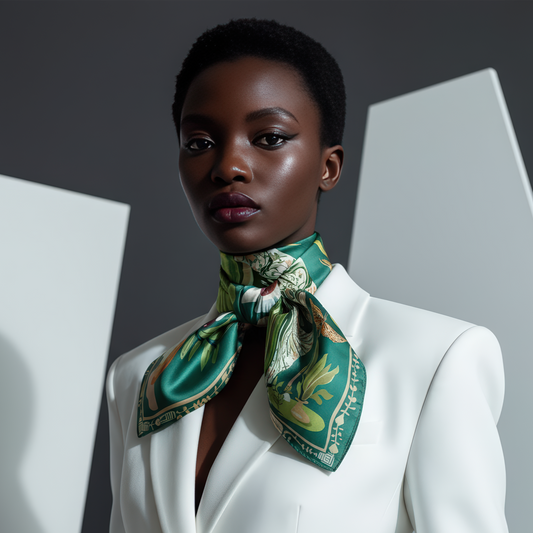NOE MI Gown Stories luxury silk twill scarf in green, ivory, and terracotta, featuring figurative woman artwork with dragonflies, apple, and symbolic motifs, designer accessory for women worldwide.